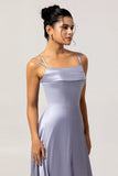 Dusty Blue A Line Spaghetti Straps Long Bridesmaid Dress
