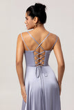 Dusty Blue A Line Spaghetti Straps Long Bridesmaid Dress