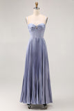 Dusty Blue Satin A Line Pleated Long Bridesmaid Dress with Bow