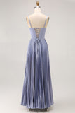 Dusty Blue Satin A Line Pleated Long Bridesmaid Dress with Bow