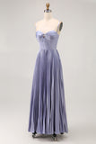 Dusty Blue Satin A Line Pleated Long Bridesmaid Dress with Bow