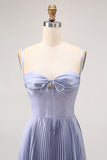 Dusty Blue Satin A Line Pleated Long Bridesmaid Dress with Bow