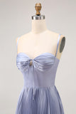 Dusty Blue Satin A Line Pleated Long Bridesmaid Dress with Bow
