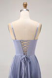 Dusty Blue Satin A Line Pleated Long Bridesmaid Dress with Bow