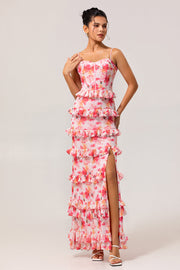 Pink Floral Tiered Ruffled Sheath Long Bridesmaid Dress with Slit
