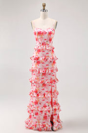 Pink Corset Floral Sheath Ruffled Maxi Bridesmaid Dress with Slit