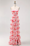 Pink Corset Floral Sheath Ruffled Maxi Bridesmaid Dress with Slit