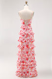 Pink Corset Floral Sheath Ruffled Maxi Bridesmaid Dress with Slit