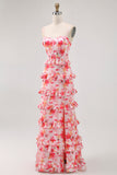Pink Corset Floral Sheath Ruffled Maxi Bridesmaid Dress with Slit