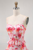 Pink Corset Floral Sheath Ruffled Maxi Bridesmaid Dress with Slit