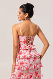 Pink Floral Tiered Ruffled Sheath Long Bridesmaid Dress with Slit