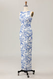 White and Blue Floral Boat Neck Sheath Maxi Wedding Guest Dress