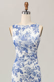 White and Blue Floral Boat Neck Sheath Maxi Wedding Guest Dress
