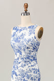White and Blue Floral Boat Neck Sheath Maxi Wedding Guest Dress