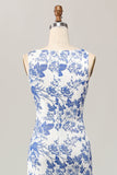 White and Blue Floral Boat Neck Sheath Maxi Wedding Guest Dress