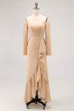 Champagne Sheath Off the Shoulder Maxi Bridesmaid Dress with Ruffles