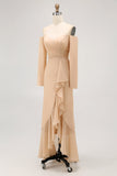 Champagne Sheath Off the Shoulder Maxi Bridesmaid Dress with Ruffles