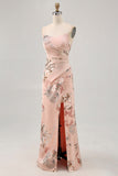 Blush Floral Satin Strapless Mermaid Maxi Wedding Guest Dress with Slit