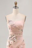 Blush Floral Satin Strapless Mermaid Maxi Wedding Guest Dress with Slit