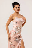 Blush Strapless Floral Maxi Satin Wedding Guest Dress with Slit