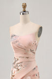 Blush Floral Satin Strapless Mermaid Maxi Wedding Guest Dress with Slit