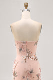 Blush Floral Satin Strapless Mermaid Maxi Wedding Guest Dress with Slit