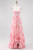 Blush Corset Floral Ruffled Halter Pearls Long Bridesmaid Dress with Slit