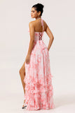 Blush Floral Printed Ruffled Corset Pearls Maxi Bridesmaid Dress with Slit