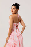 Blush Corset Floral Ruffled Halter Pearls Long Bridesmaid Dress with Slit
