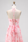 Blush Floral Printed Ruffled Corset Pearls Maxi Bridesmaid Dress with Slit