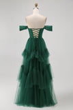 Dark Green Corset Tulle A Line Tiered Maxi Wedding Guest Dress