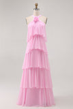 Candy Pink A Line Tiered Halter Long Wedding Guest Dress