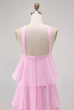 Candy Pink A Line Tiered Halter Long Wedding Guest Dress