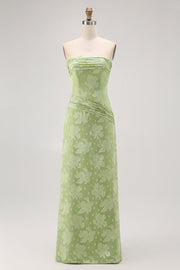 Sage Green Sheath Strapless Maxi Floral Wedding Guest Dress with Slit