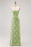 Sage Green Sheath Strapless Maxi Floral Wedding Guest Dress with Slit
