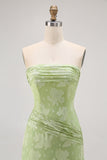 Sage Green Sheath Strapless Maxi Floral Wedding Guest Dress with Slit