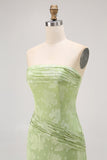 Sage Green Sheath Strapless Maxi Floral Wedding Guest Dress with Slit