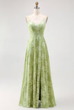 Sage Green Floral A Line Spaghetti Straps Maxi Wedding Guest Dress