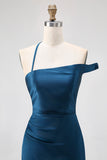 Ink Blue Satin One Shoulder Sheath Long Bridesmaid Dress