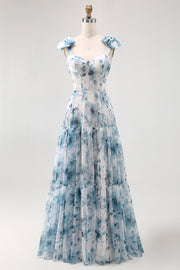 Blue Chiffon A Line Floral Long Bridesmaid Dress with Bows