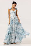 Blue Chiffon A Line Floral Long Bridesmaid Dress