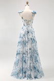 Blue Chiffon A Line Floral Long Bridesmaid Dress with Bows
