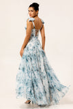 Blue Chiffon A Line Floral Long Bridesmaid Dress