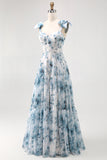 Blue Chiffon A Line Floral Long Bridesmaid Dress with Bows