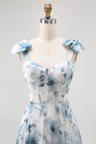 Blue Chiffon A Line Floral Long Bridesmaid Dress with Bows