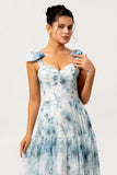 Blue Chiffon A Line Floral Long Bridesmaid Dress