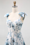 Blue Chiffon A Line Floral Long Bridesmaid Dress with Bows