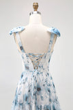 Blue Chiffon A Line Floral Long Bridesmaid Dress with Bows