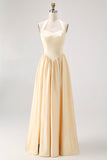 Daffodil Satin A Line Halter Long Bridesmaid Dress