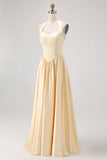Daffodil Satin A Line Halter Long Bridesmaid Dress